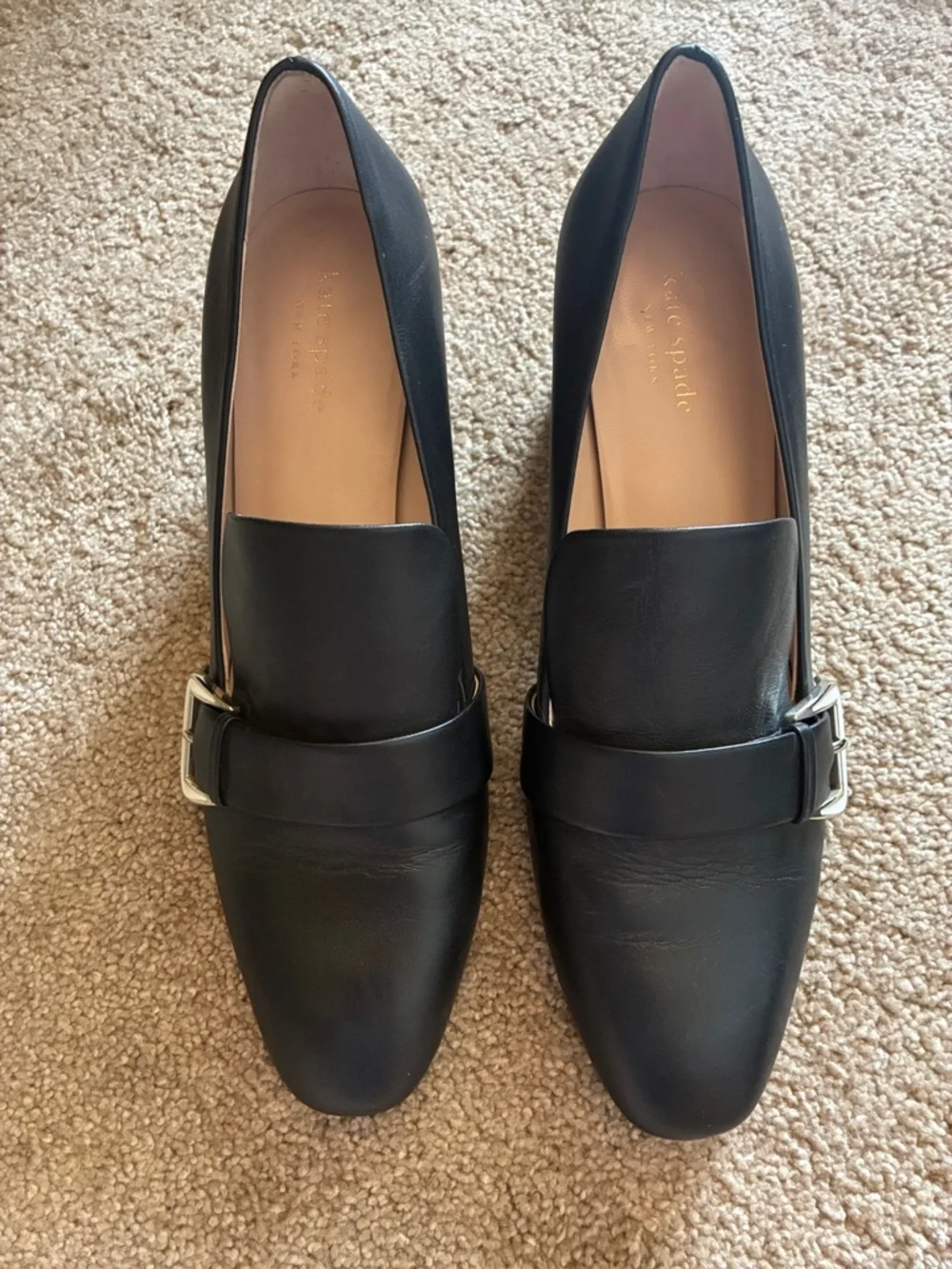 Kate Spade Black Leather Leandra Block Heel Loafers Buckle Pumps size 10